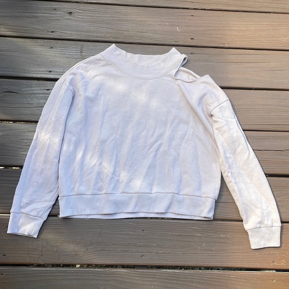 Aerie distressed open shoulder beige sweatshirt, size medium